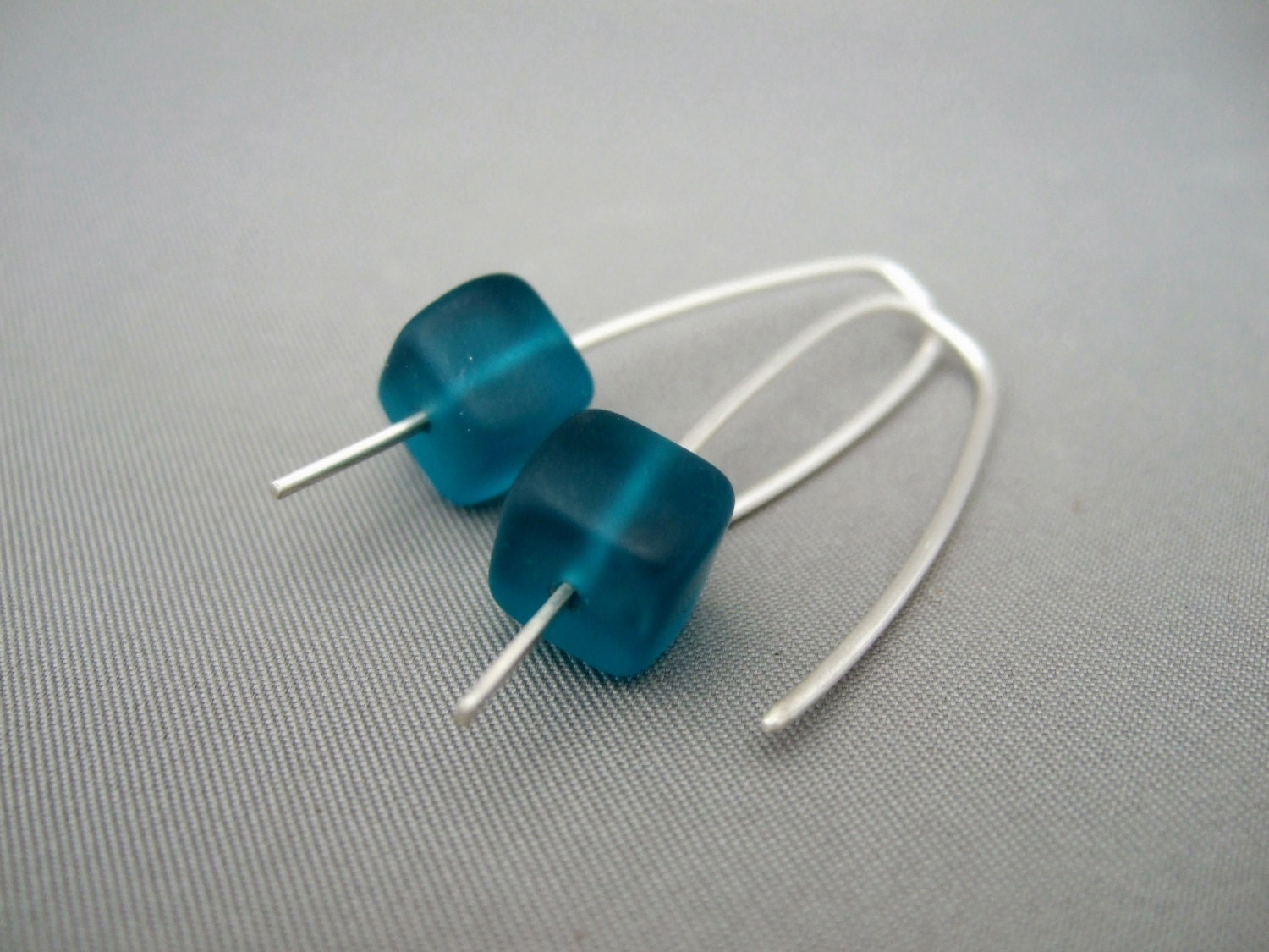 Teal Blue Cube Drop Earrings. Sterling Silver Czech Glass Modern Contemporary Earrings.