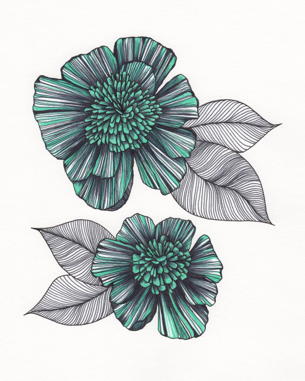 Turquoise & Black Flower Art Drawing 8x10" Print Unframed