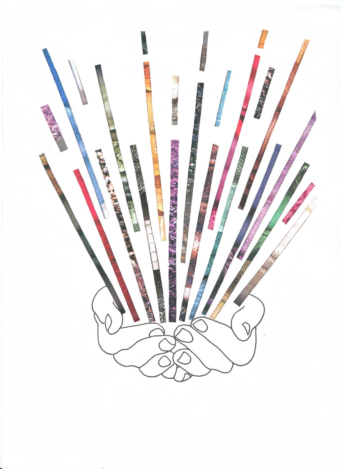 Colour Art Print: "A Burst Of Creativity" - Colourful print of an original collage featuring a pair of hands creating a burst of stripes. A5