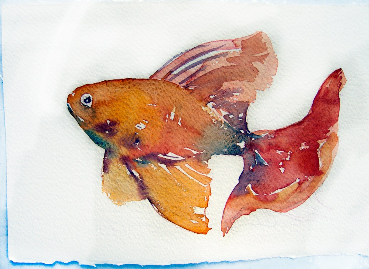 Watercolor painting. Art original. Fish painting. Kitchen art. Home decor. Yellow fish paint by watercolor