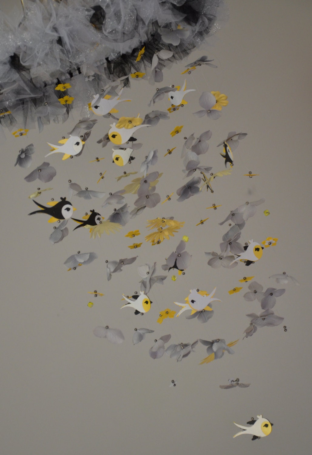 Whimsical Bird mobile Yellow/Gray/Black/White, Nursery Decor, Baby Shower Gift, Chandelier