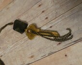 Vintage Gold Key & Emerald Green Stone Necklace - Long Gold Tassel Necklace