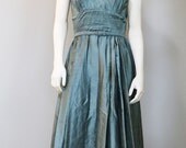 Vintage 1950's Sage Green Belted Garden Party Tie Shoulder Full Skirt Dress