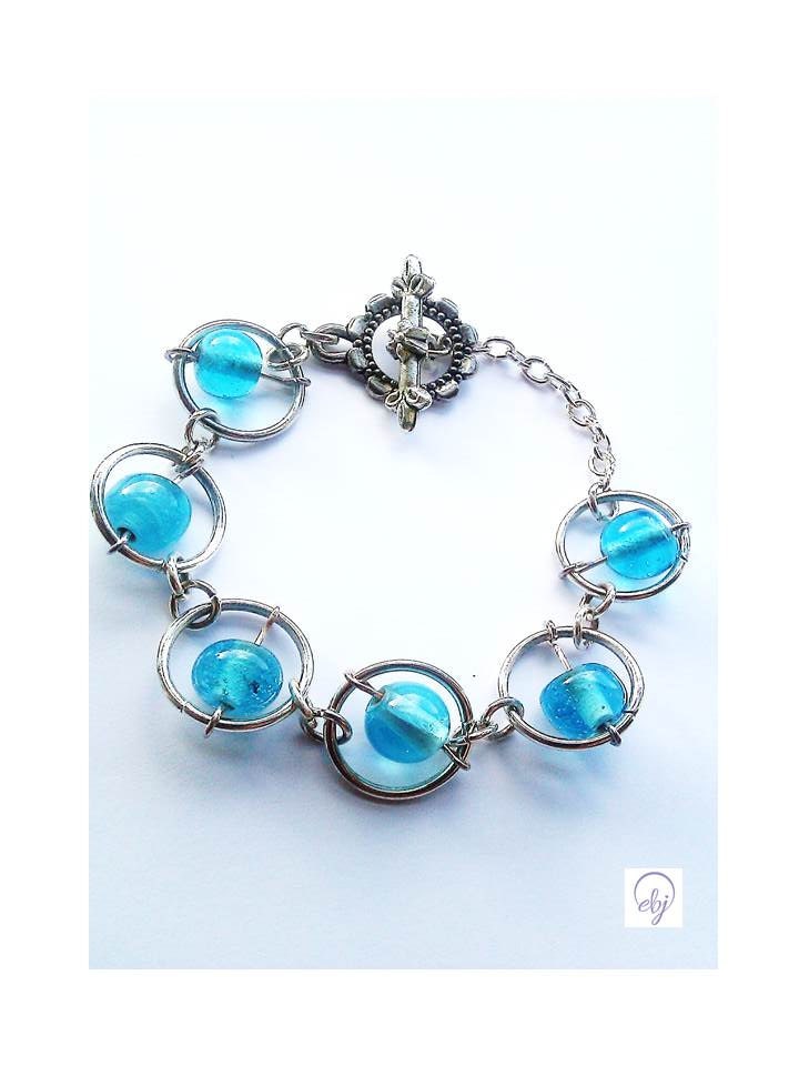 Turquoise Bead and Jump Ring Bracelet Attached to a Flower Vintage Clasp