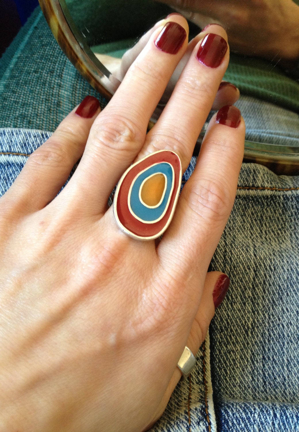 Enamel Hand Painted  Red, Blue, Orange Silver Plated, Uneven Drop Shaped Adjustable Statement Ring - zuzuzoom