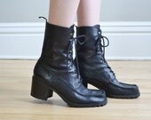 Vtg 90s black leather lace up grunge boots // CHUNKY high heel gothic NINE WEST stitched square toe ankle mid calf boots size 9