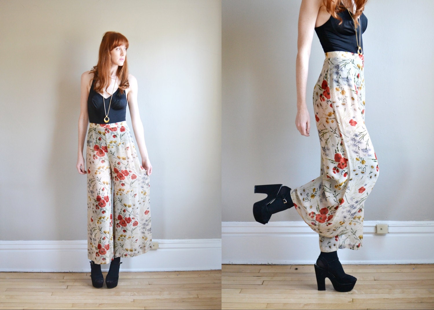Vintage sheer silky 80s FLORAL printed GAUZY high waist wide leg palazzo trousers