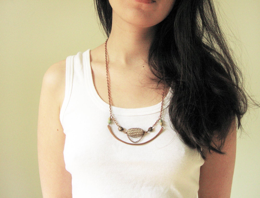 Copper necklace bohemian style - modern jewelry with semi-precious stones - hand knit jewelry - chain necklace
