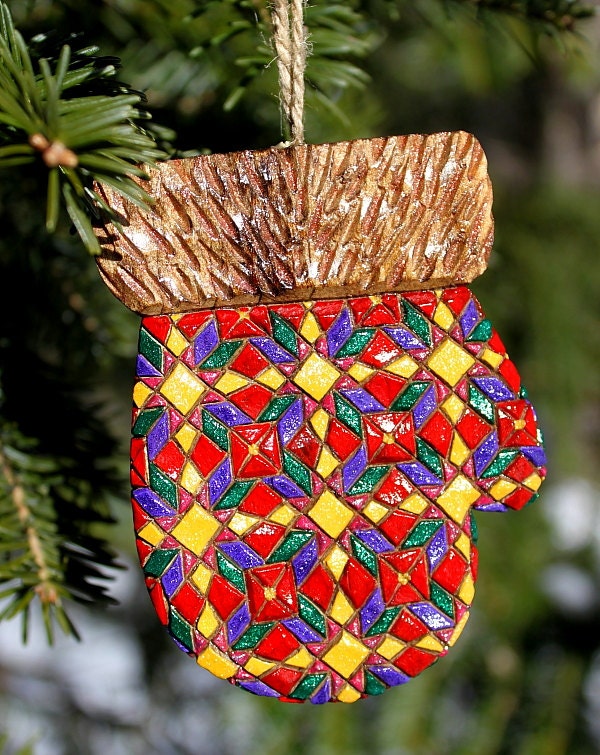 Hand Carved Quilted Mitten Ornament in Red, Green, Lavender, Pink & Gold
