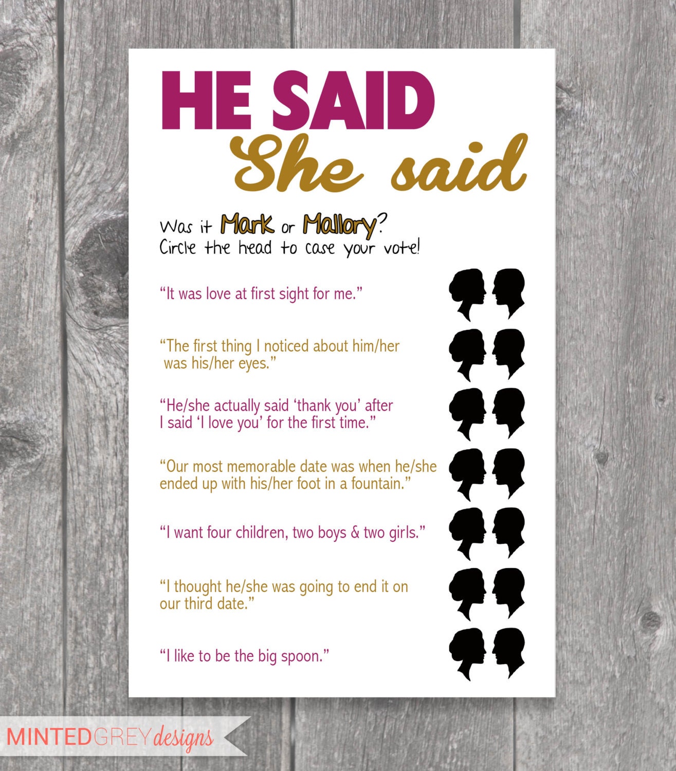 Printable He Said She Said Bridal Shower Game by MintedGreyDesigns