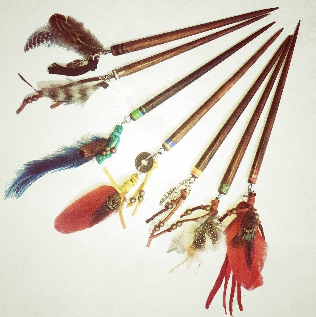 bohemian hair stick (3) - mix of feathers, stones, charms on wood