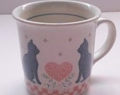 Vintage 80s Country Cat Coffee Mug Cup Hearts and Checkers Ceramic