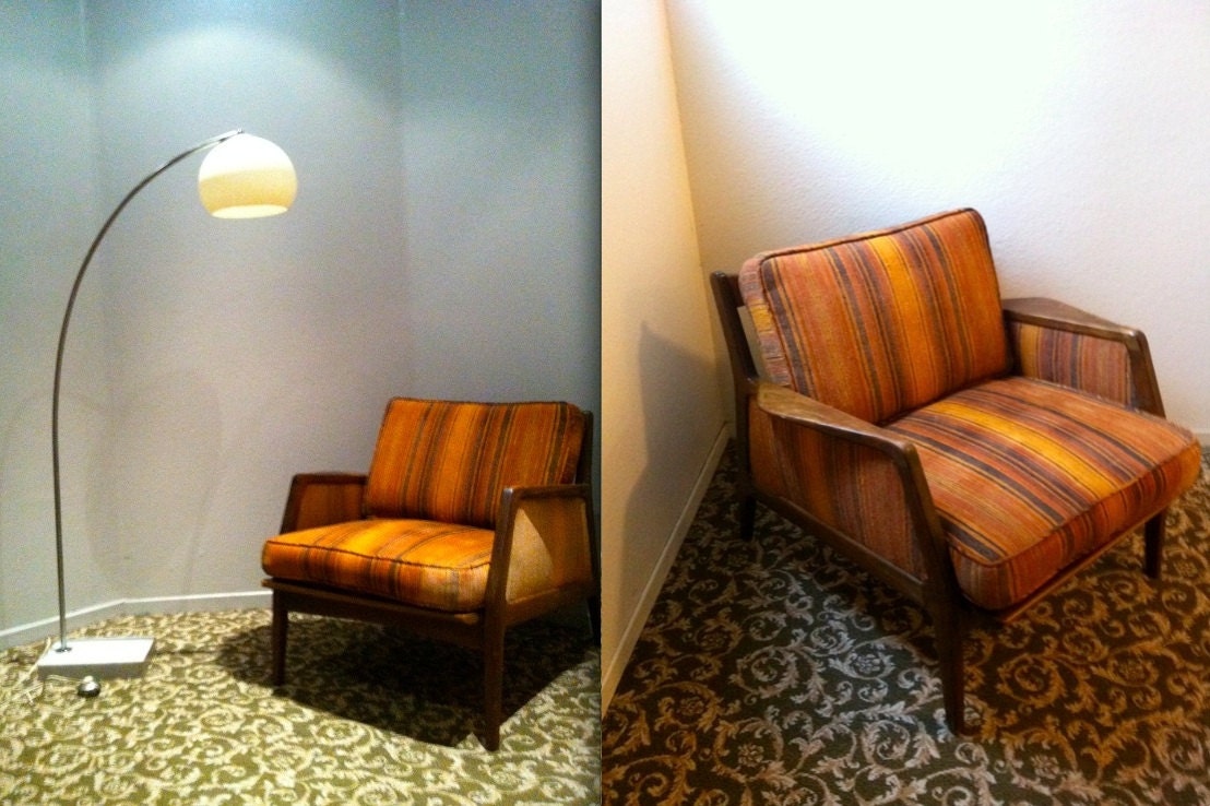 MIDCENTURY DANISH MODERN lounge arm chair orange striped upholstery wood Eames Wegner Pearsall Vodder Mad Men '60s rare