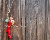 Large Red Coral Branch Necklace, Sunrise shell, Gold Fill, Chalcedony, Pink pearl, beach lovers, hawaiian, One of a Kind, Kalia Kai Designs