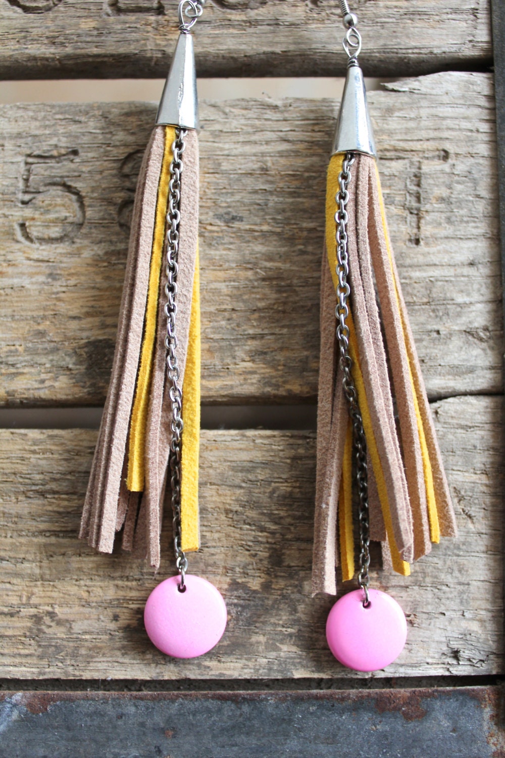 SALE: Tan Leather Fringe Earrings- Pink bead