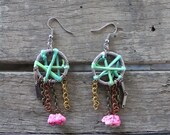 SALE: Dream Catcher Earrings- GREEN Colored Silk Cord- hot pink howlite stones