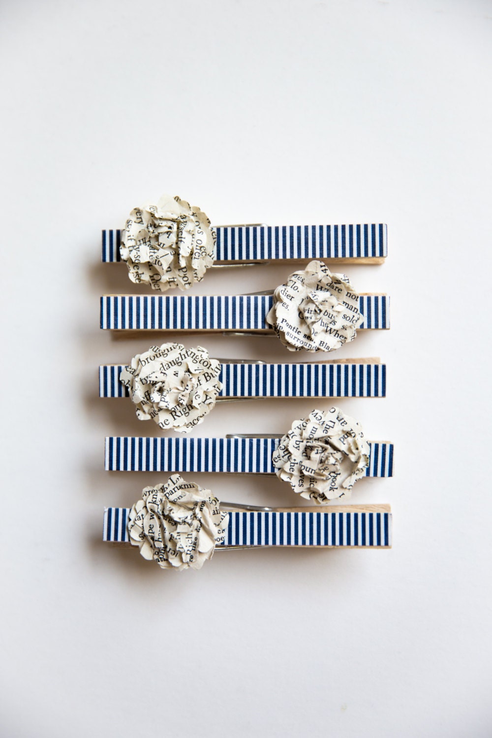 Striped Clothespin Magnets with Mini Flowers- Set of 5