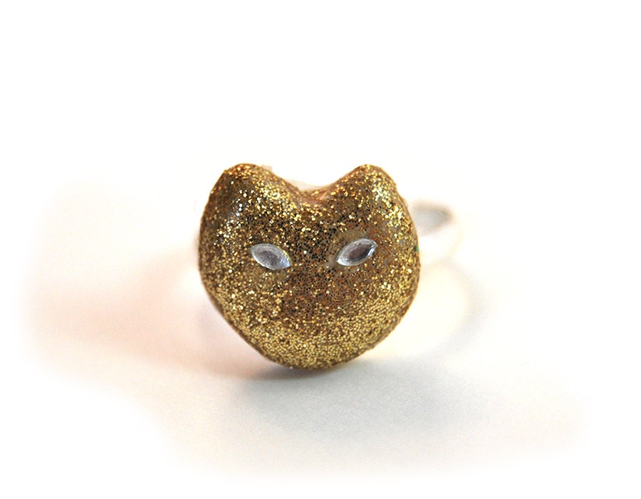 Cat ring, adjustable ring with glitter cat, cute gold cat ring