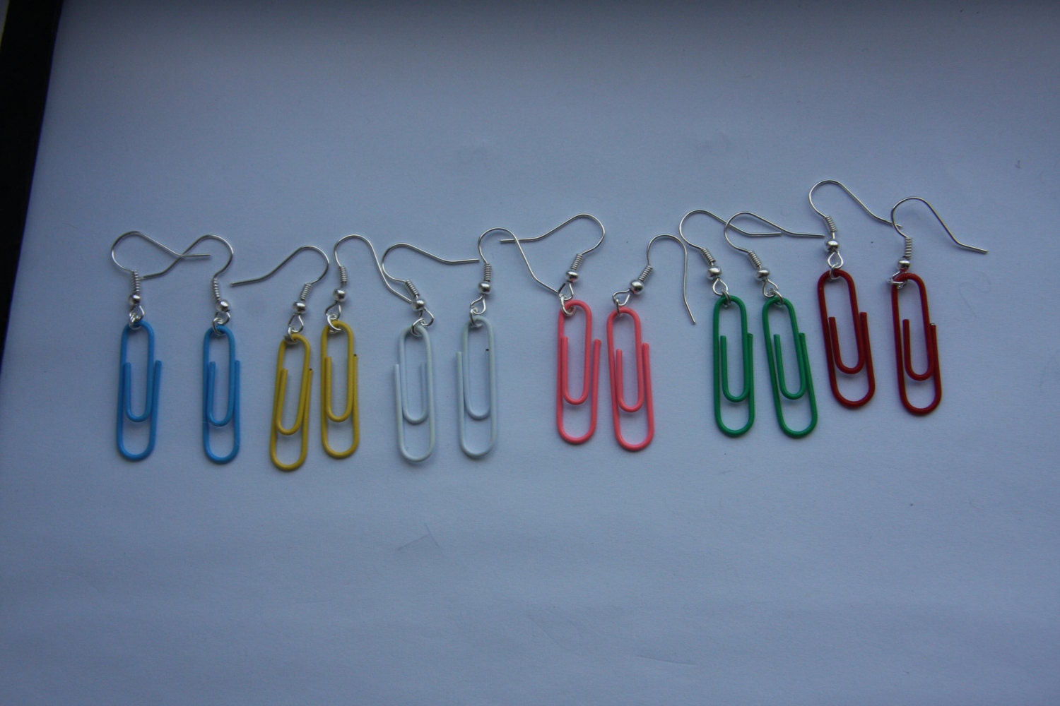 Fun Bright Paper Clip Dangly Silver Plated Earrings. -Green, White,  Yellow, Pink, Blue and Red. -Geek, Nerd Earrings Accessories.