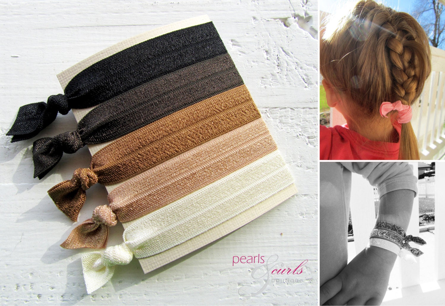 Set of 5 Elastic Hair Ties / Neutral Ponytail Holders / Knotted Hair Ties / Cappuccino / Satin Elastic Knotted Hair Ties / Toddler / Women
