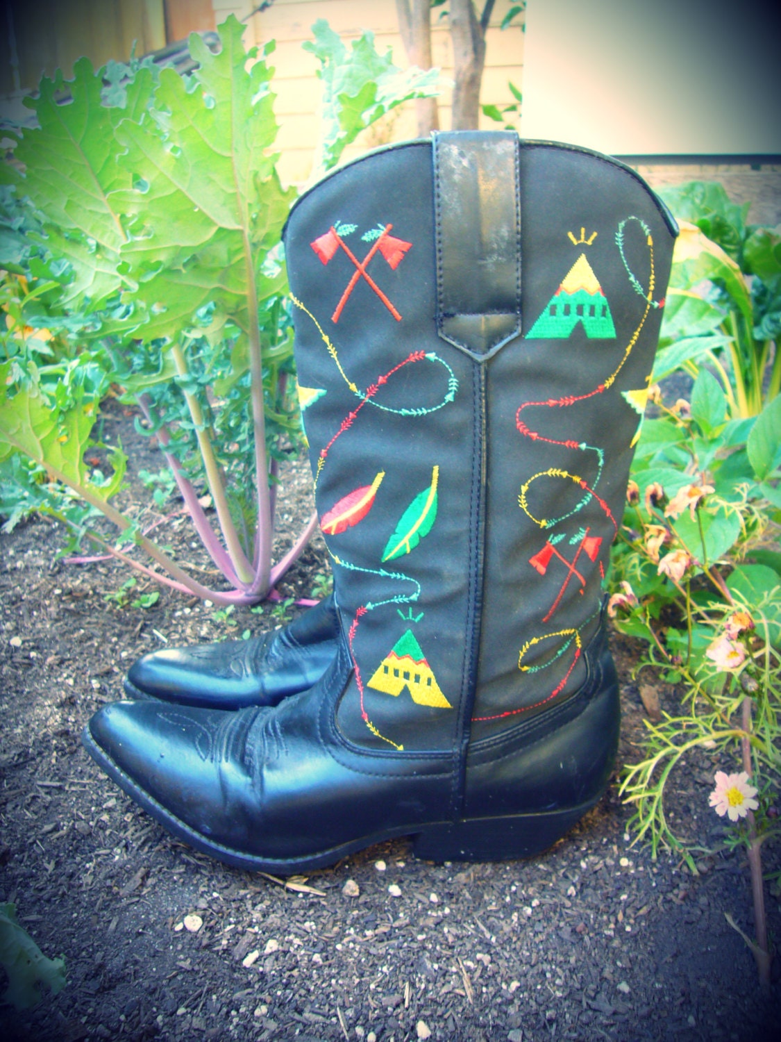 1980's Black Embroidered Southwestern Thunderbird Cowboy Boots