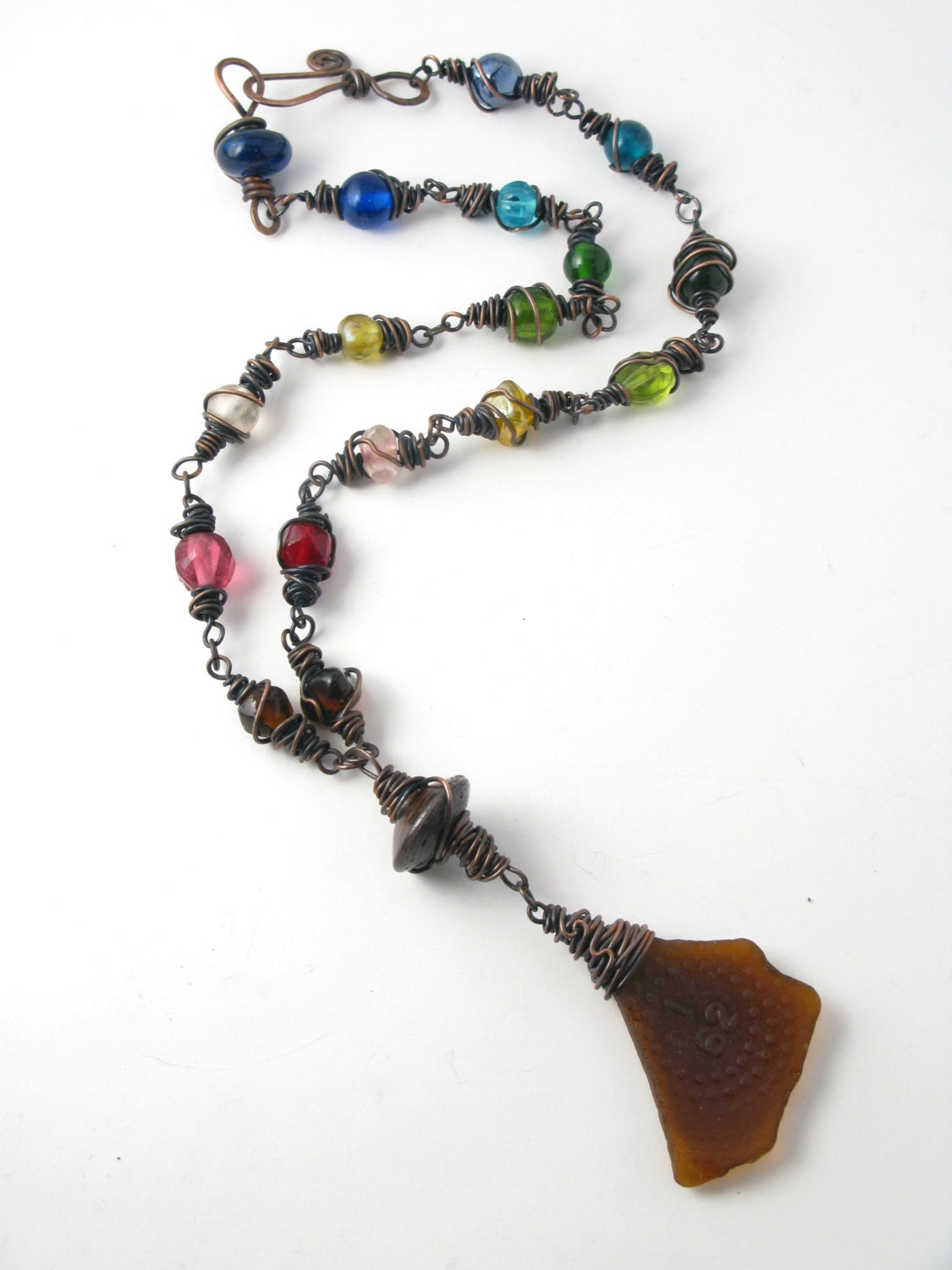 62 - Brown Sea Glass on an Antiqued Copper Wire Wrapped Rainbow Glass Bead Necklace with a Handmade Clasp 25"
