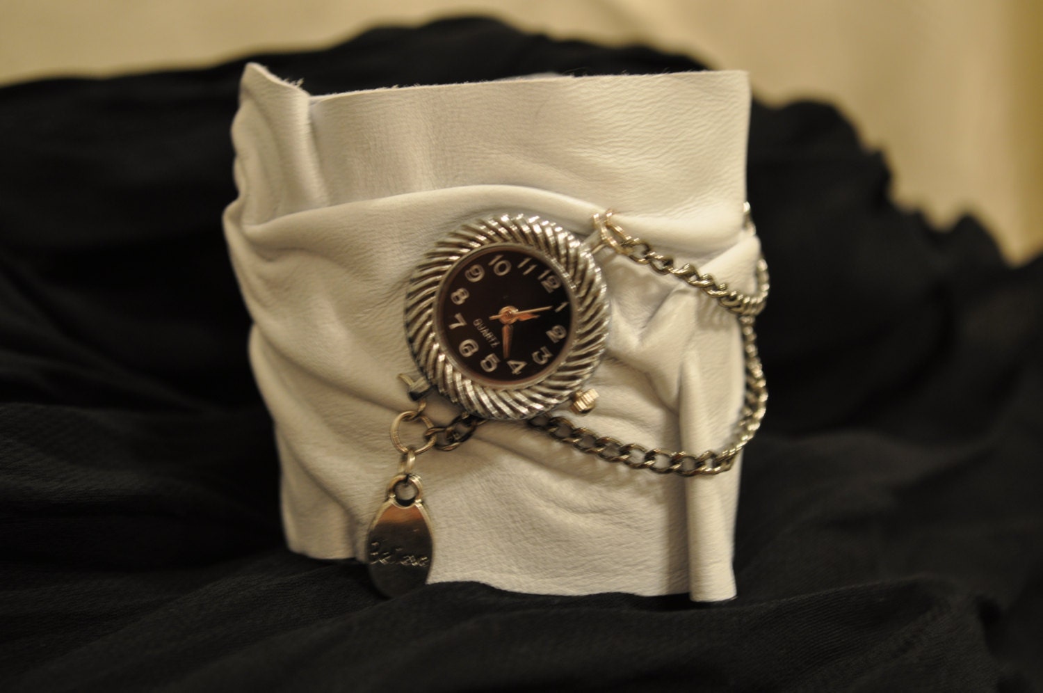 Leather Cuff / Women Handmade White Leather Wrist Bracelet With Chain and Metal Accessories and Watch / Clock by HocusPocusStudio