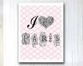 I love Paris Digital art Typography art Spring pastel pink Wall decor Shabby French cottage style  Paris Flea Market 8x10