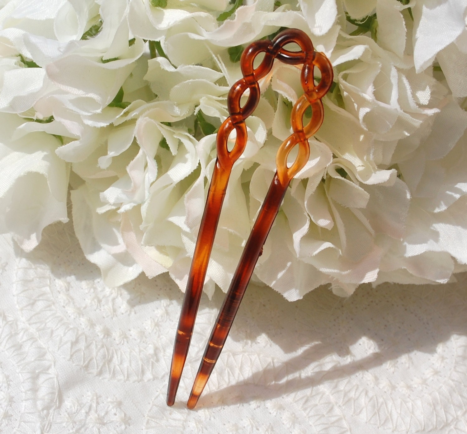 Vintage Hairpin / Hair Pin, Tortoiseshell Celluloid, Tortoise Shell Plastic, Braided, Designer FRANCE, 1970s Wedding Bridal Accessory