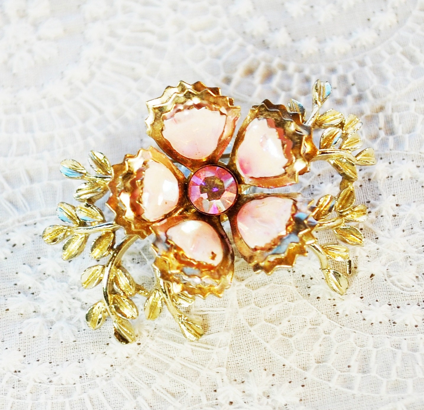 Vintage Metal Flower Brooch / Pin, Pink Enamel Rhinestones, Gold Tone Leaf Cluster, 1950s 1960s Mad Men, Spring Floral Jewelry