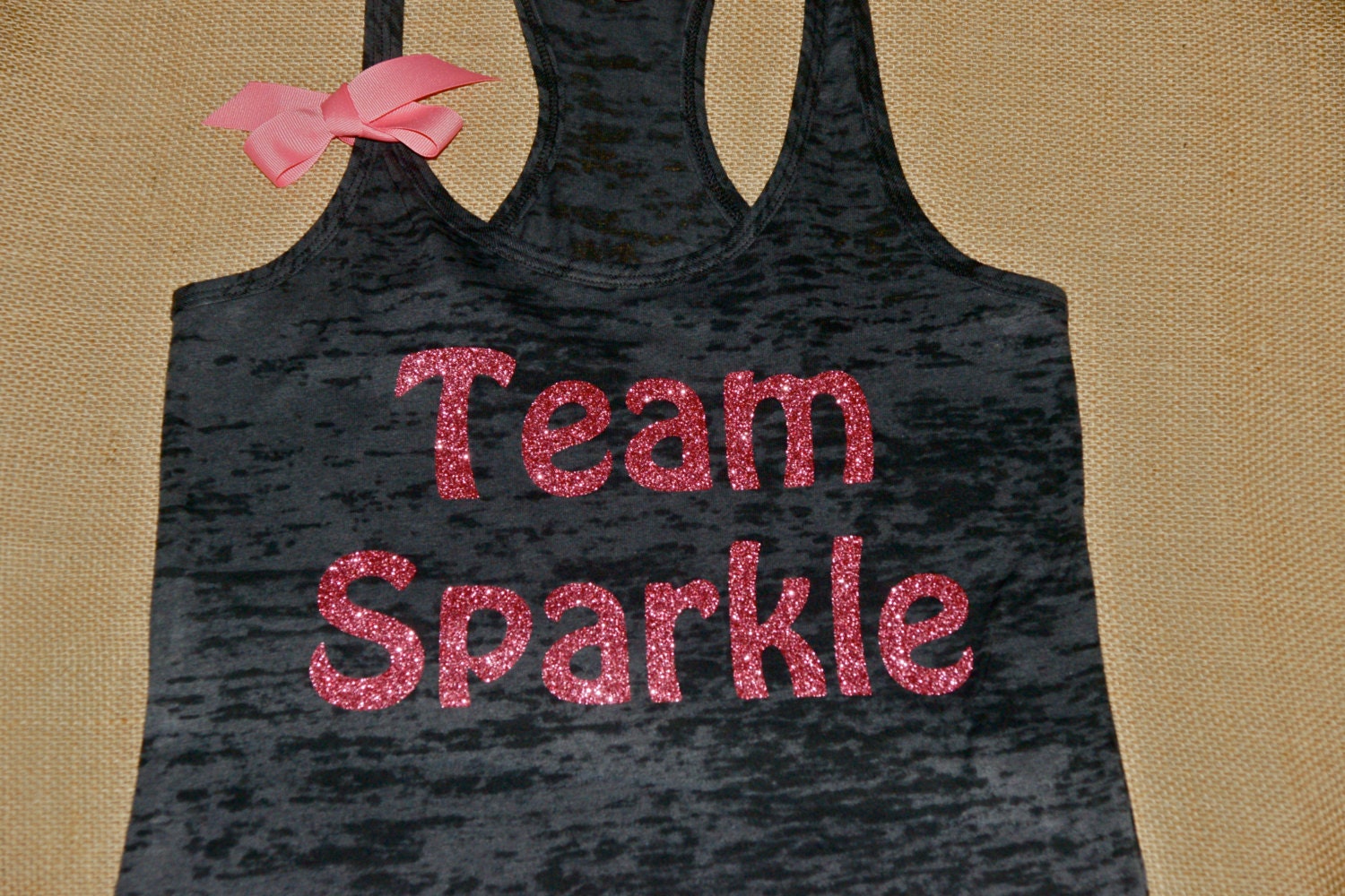 Team Sparkle. Glitter Writing. Bow. Tank top. Racerback. Size S-2XL. Burnout. Black. Exercise. Soft. Women. Workout. Fitness. Inspire.