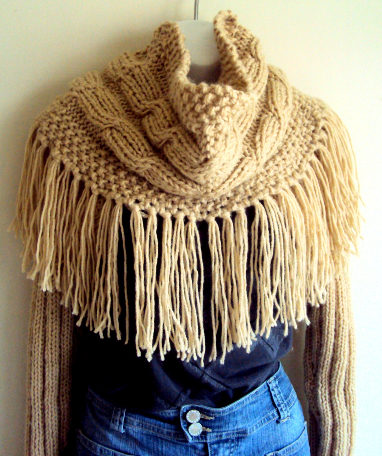 Hand Knit Cabled Beige Capelet Cowl Neck Warmer Shoulder Wrap Poncho Wool Acrylic Mixture Fall Winter Spring Clothing Women Fashion