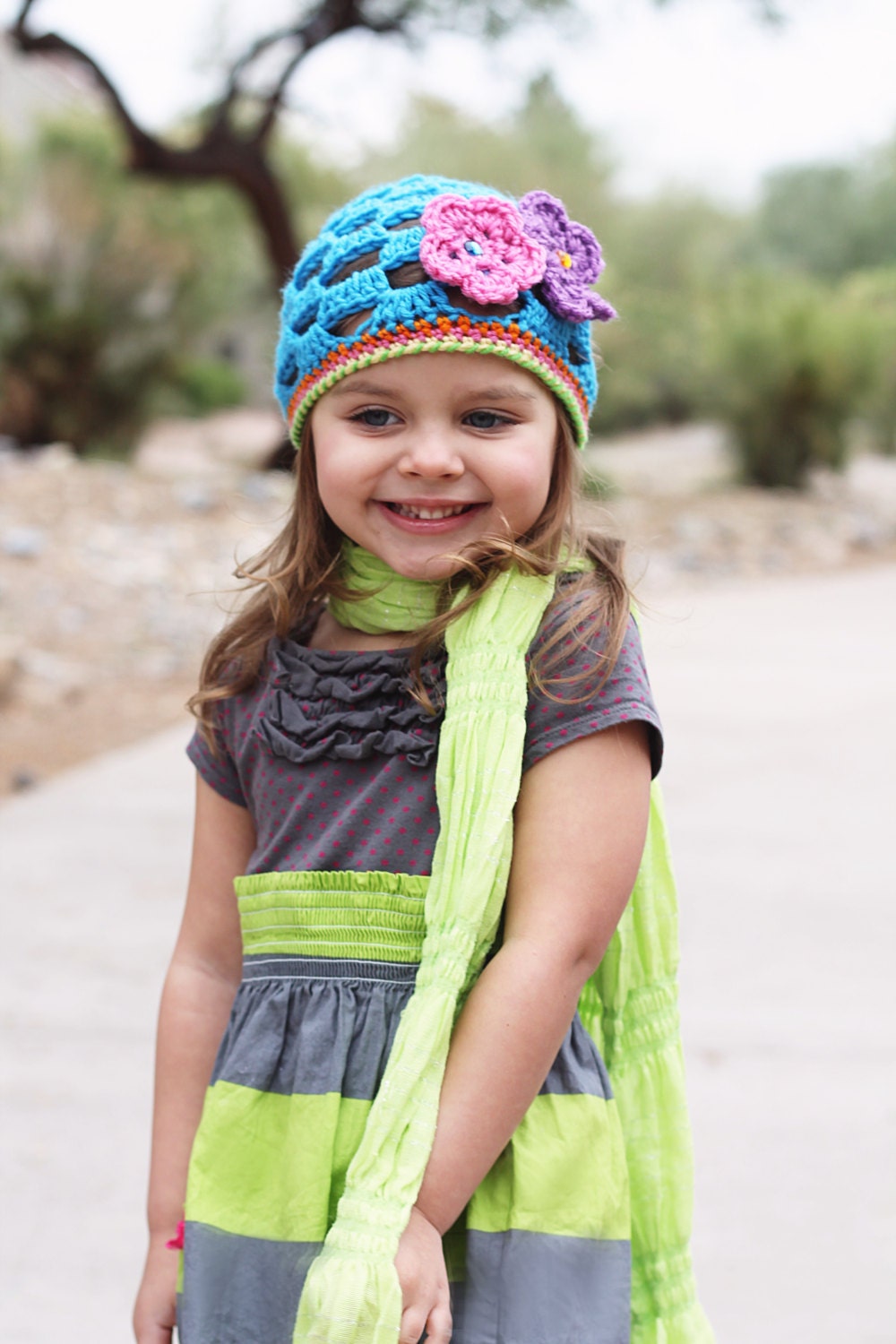 Crochet Spring Beanie Hat- Easter Hat- Flower Hat- Newborn Baby Girl Hat- Infant Hat- Toddler Hat- Knit Blue, Pink & Purple Hat- Photo Prop