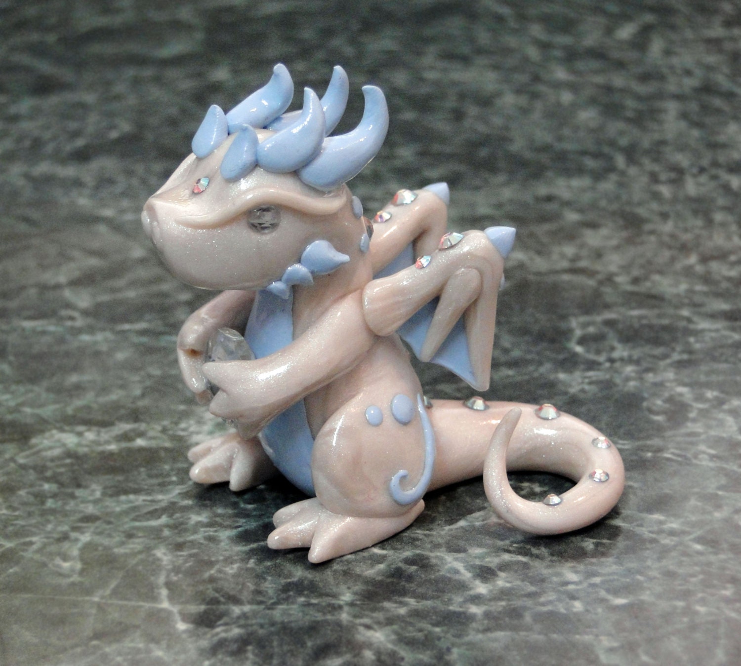 Crystal Dragon - Dragon Holding Gem with Swarovski Elements - Handmade Polymer Clay Figure Sculpture