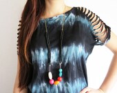 Colorful asymmetric beaded long necklace / Black resin beads with gold chain / Geometric / Mixed media / Handmade