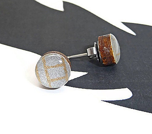 Round wood stud post earrings silver shimmer and gold lines asymmetrical design