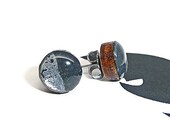 Post stud earrings wooden black metallic silver half moon, surgical steel posts