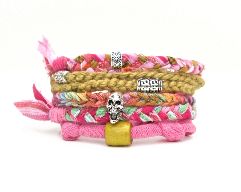 Pink Yellow Fabric Bracelet Upcycled Stacking Bracelets  Eco Friendly Fiber Bangles Multicolor Beaded Skull Bangles Hippie Jewelry