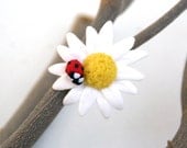 Ladybug on Daisy, Handmade Polymer Clay Adjustable Ring