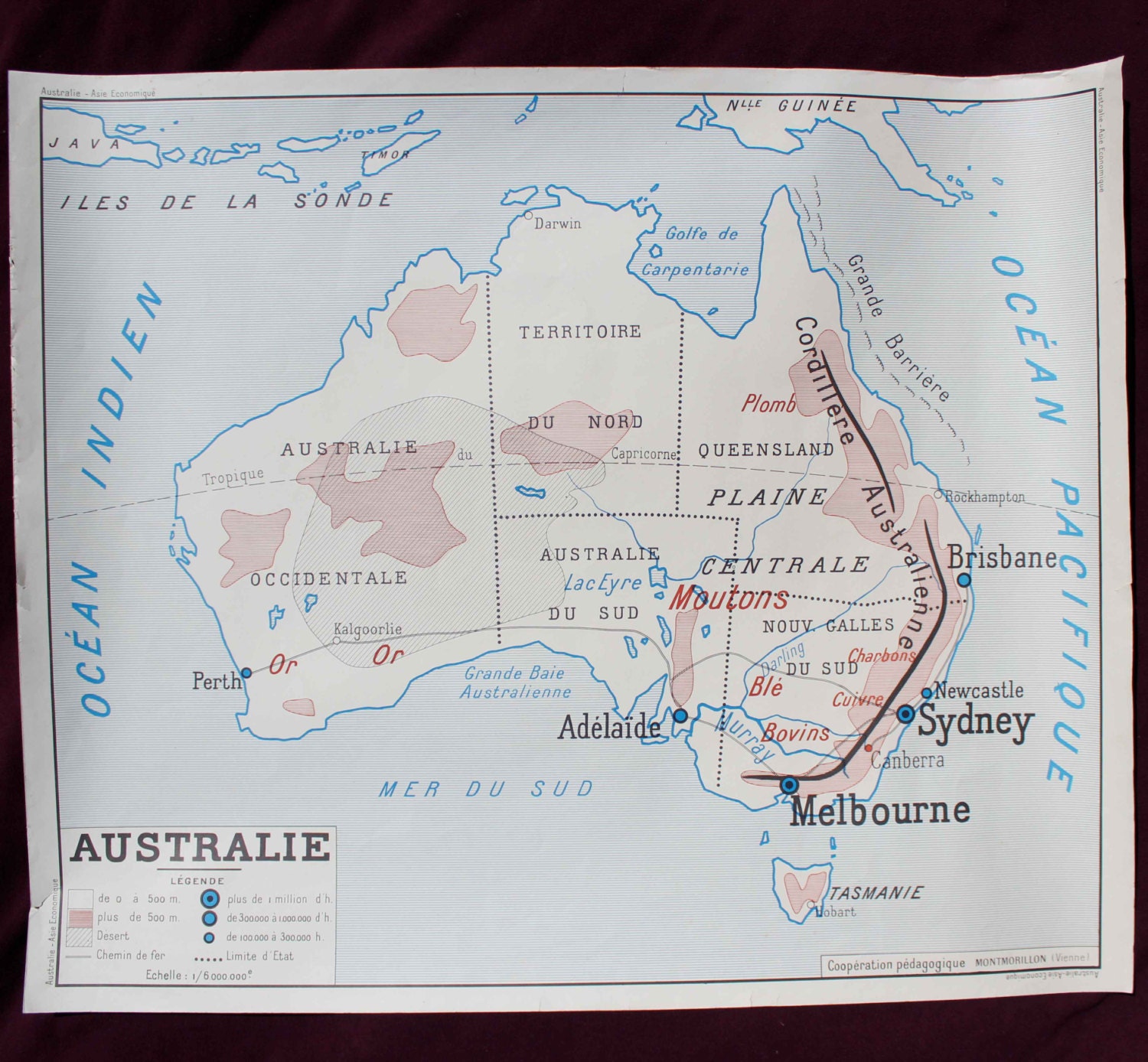 AUSTRALIE - ASIE économique , Gorgeous and Original Vintage French school map - Poster (Australia - Asia economic)