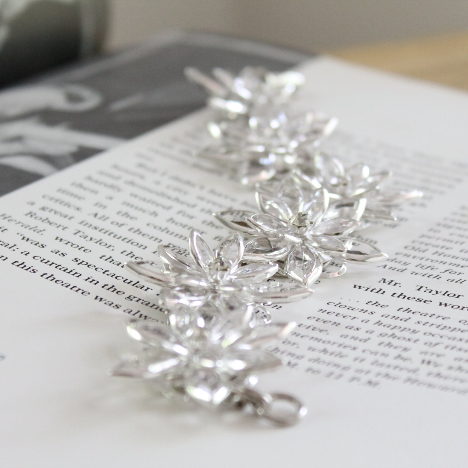Flower and Rhinestone Bracelet Clear and Silver Tone Metal Lotus Costume Jewelry Bridal Wedding Bridesmaids Prom Wear Womens Accessories