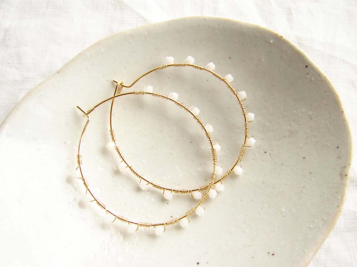Wire Wrapped Hoop Earrings. Swarovski White Alabaster Hoop Earrings. Minimalist Jewelry. Simple Modern Jewelry
