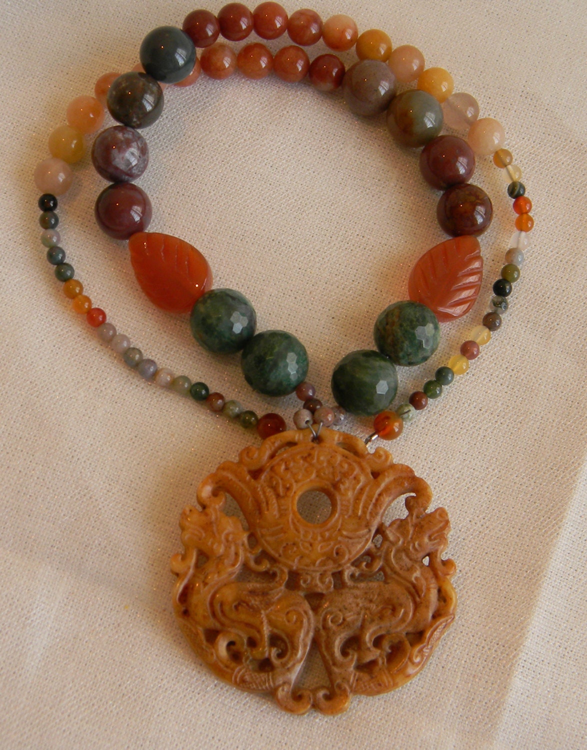 Carved Chinese double Dragon jade pendant necklace w/ beaded jewelry , Asian jewelry , jade jewelry, ethnic handmade gemstone bead jewelry