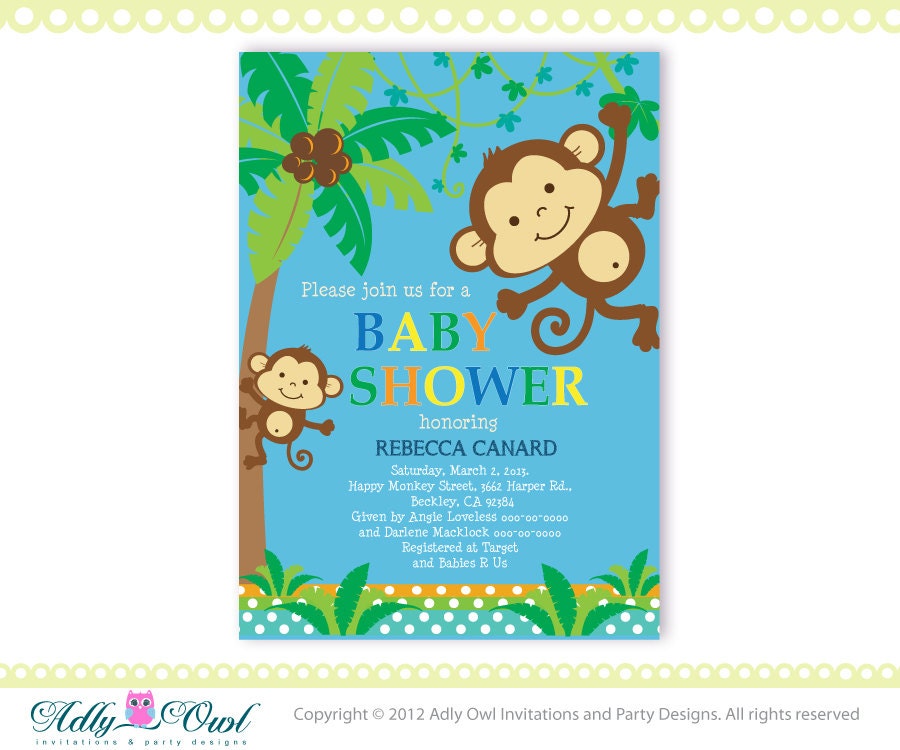 Personalized Blue Brown Jungle Boy Monkeys Baby Shower Printable DIY party invitation for boy - ONLY digital file - you print