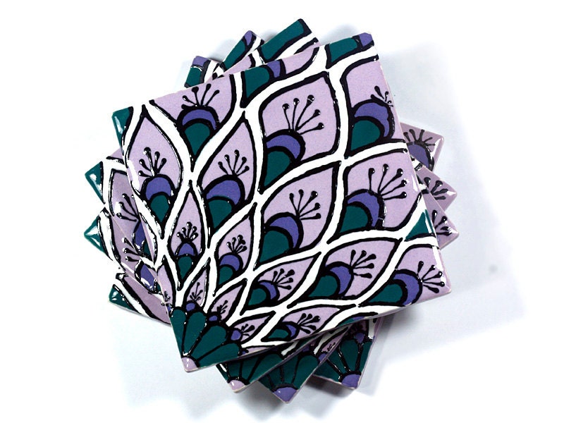 Purple, Lavendar & Teal Talavera Style Coasters/Talavera Style Tiles -- "Peacock" -- Set of Four