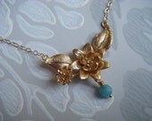 Matt gold flower pendant , amazonite pendant , green stone , 18" filled gold chain, layer necklace, pretty simple pendant