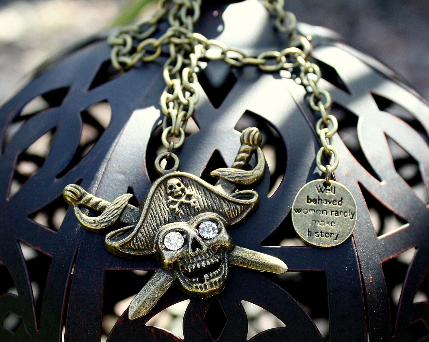 Necklace with Swarovski Crystal Rhinestones, Day of the Dead, Dia de los Muertos, Bronze Skull Pirate Charm, Steampunk