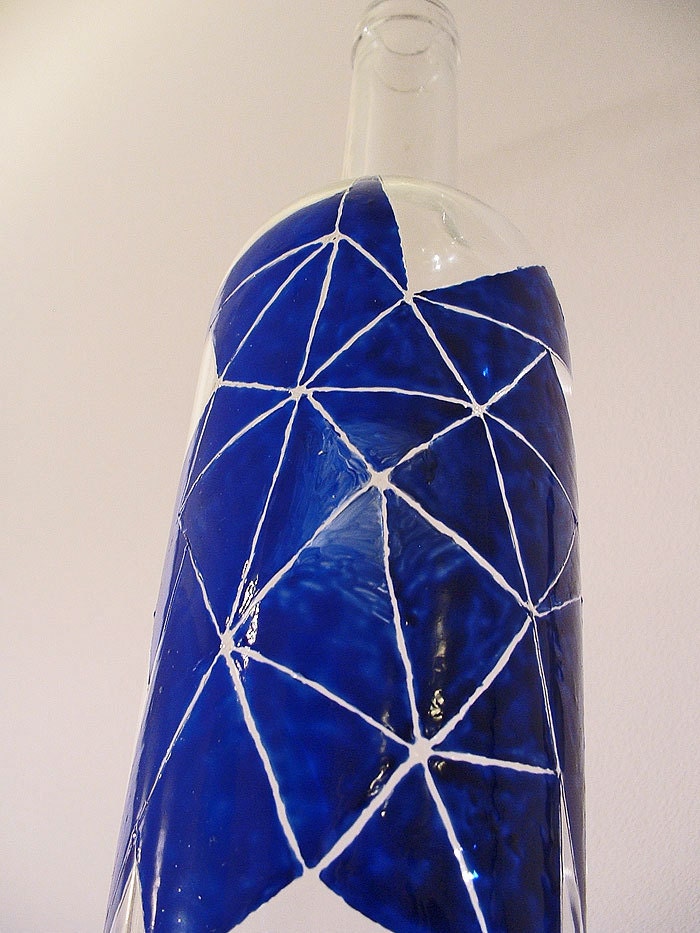 hand painted wine bottle up cycled navy blue geometric modern design spring home decor recycled - StudioSuzanna