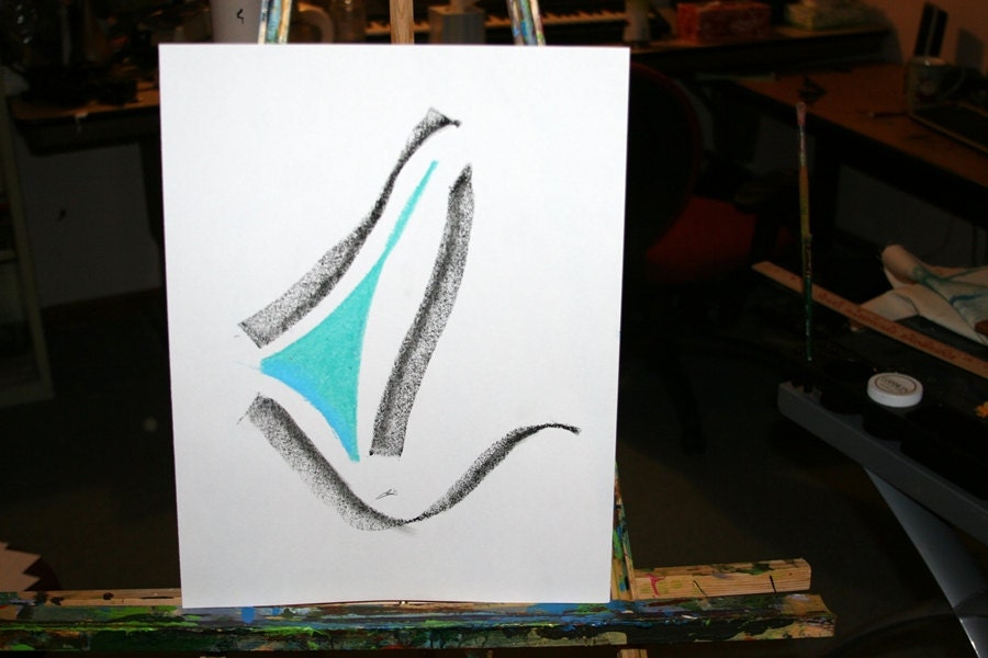In the Sky Light Blue Black Oil Pastel Drawing Modern Art Abstract Art For the Home Decor Minimalist Art Modern Drawing Fine Art