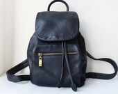 Vintage 90s Black Pebble Leather Drawstring Backpack Rucksack Knapsack Purse, Brass Hardware, Front Pocket, Flap Closure, Punk Grunge Mod